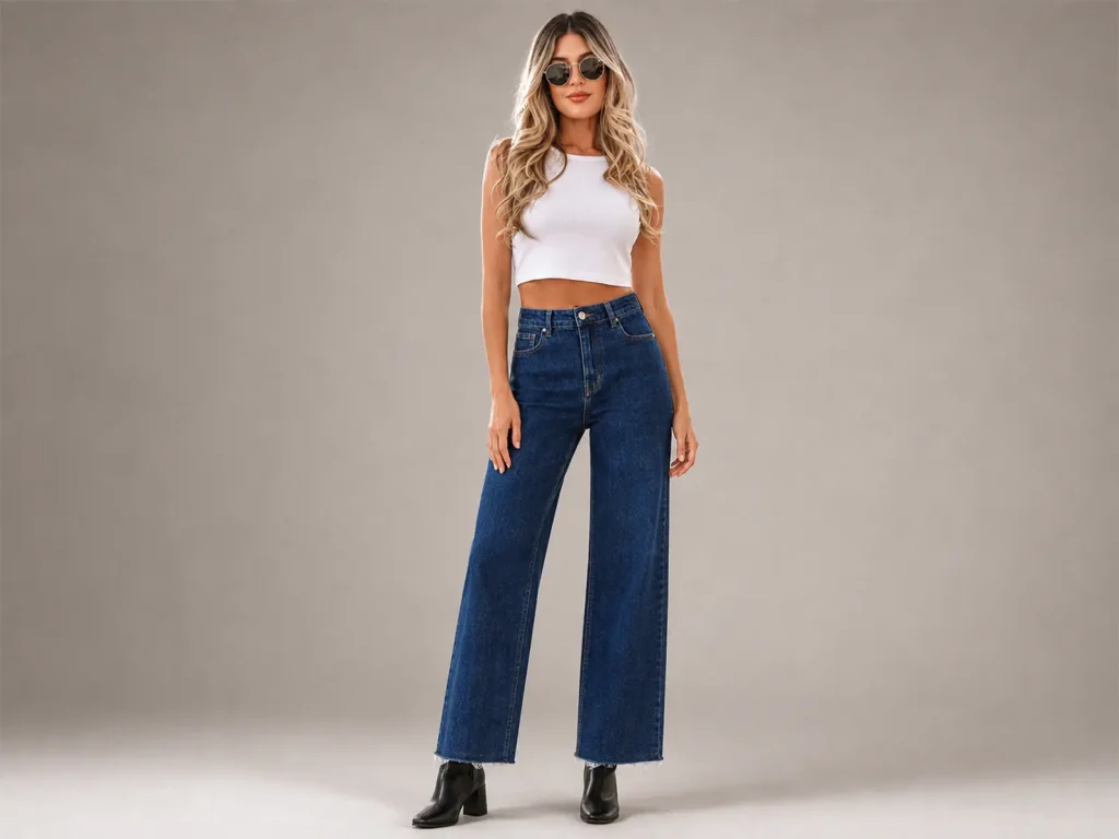 Women’s Dark-Wash Raw-Hem Straight-Leg Jeans fit and fabric detail, style 2144580