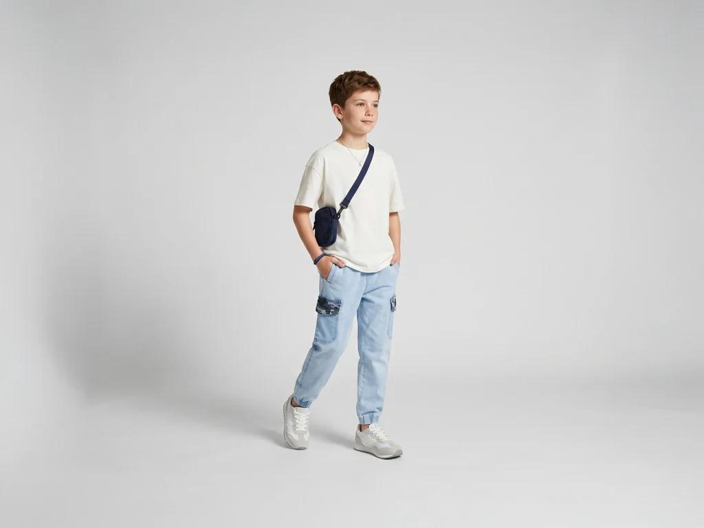 Kids’ Light-Wash Camo-Patch Denim Cargo Joggers — fit and fabric detail, style 2C010