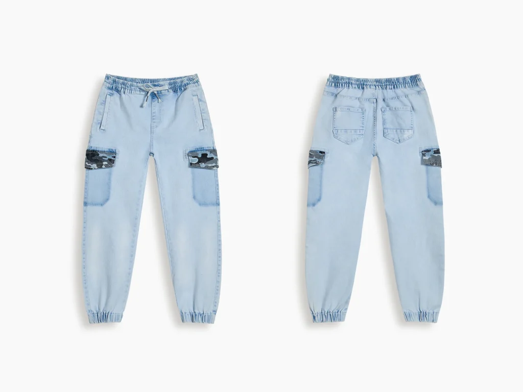Kids denim cargo joggers manufacturer - light-wash camo-patch joggers, style 2C010