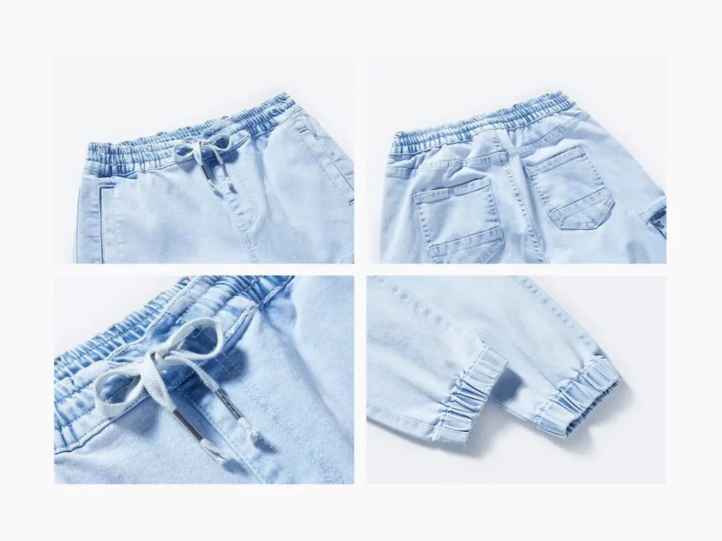 Kids’ Light-Wash Camo-Patch Denim Cargo Joggers — wash and construction detail, style 2C010