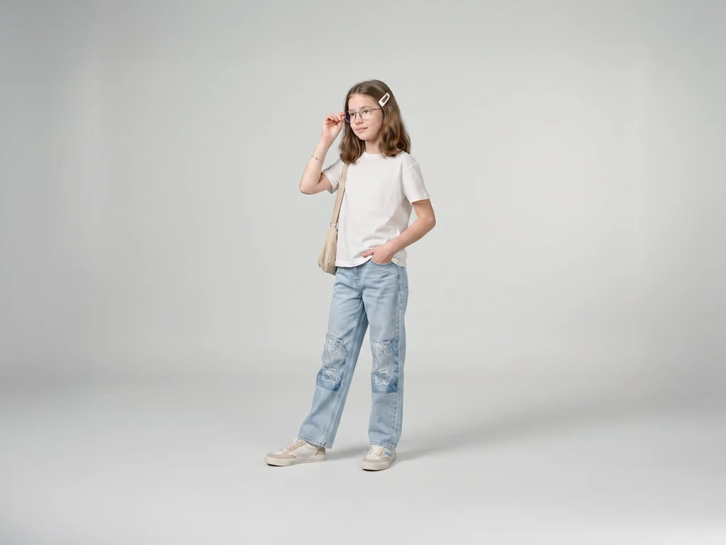 Kids’ Light-Wash Embroidered Straight-Leg Jeans — fit and fabric detail, style 2D000