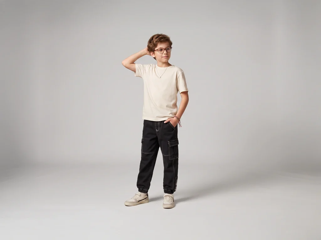 Kids’ Black Contrast-Stitch Denim Cargo Joggers — fit and fabric detail, style 2D007