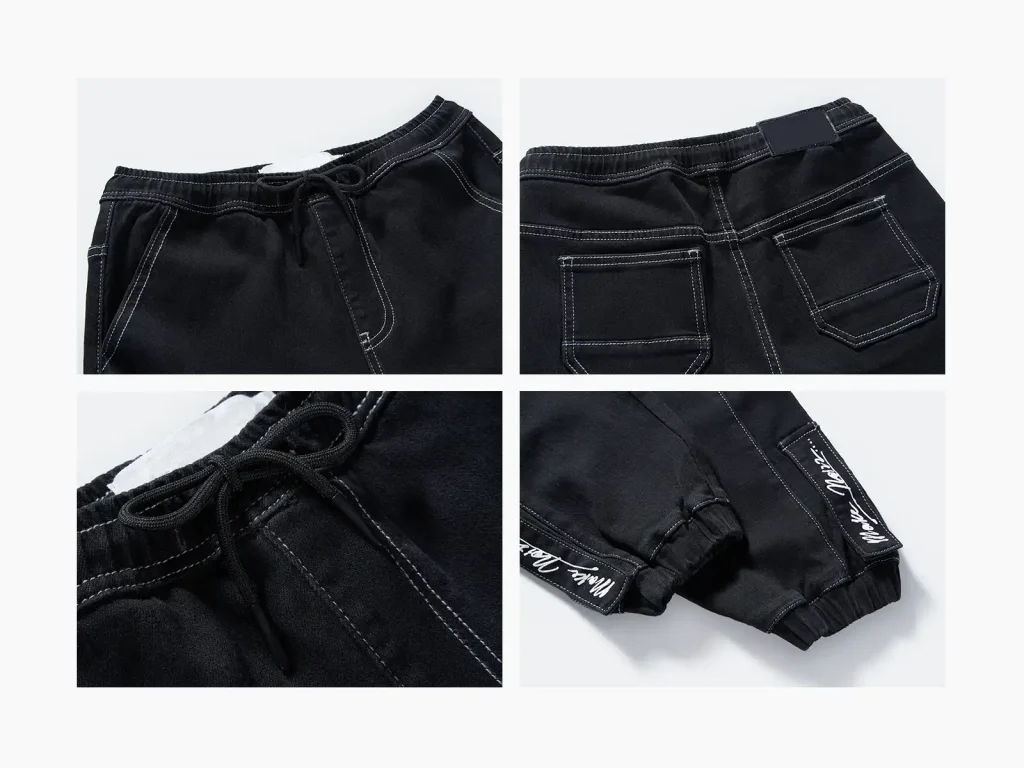 Kids’ Black Contrast-Stitch Denim Cargo Joggers — wash and construction detail, style 2D007
