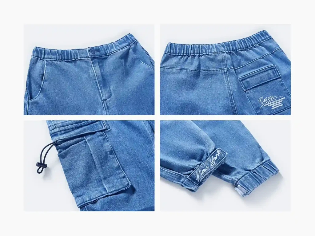 Kids’ Light-Wash Drawstring-Pocket Denim Cargo Joggers — wash and construction detail, style 2D008