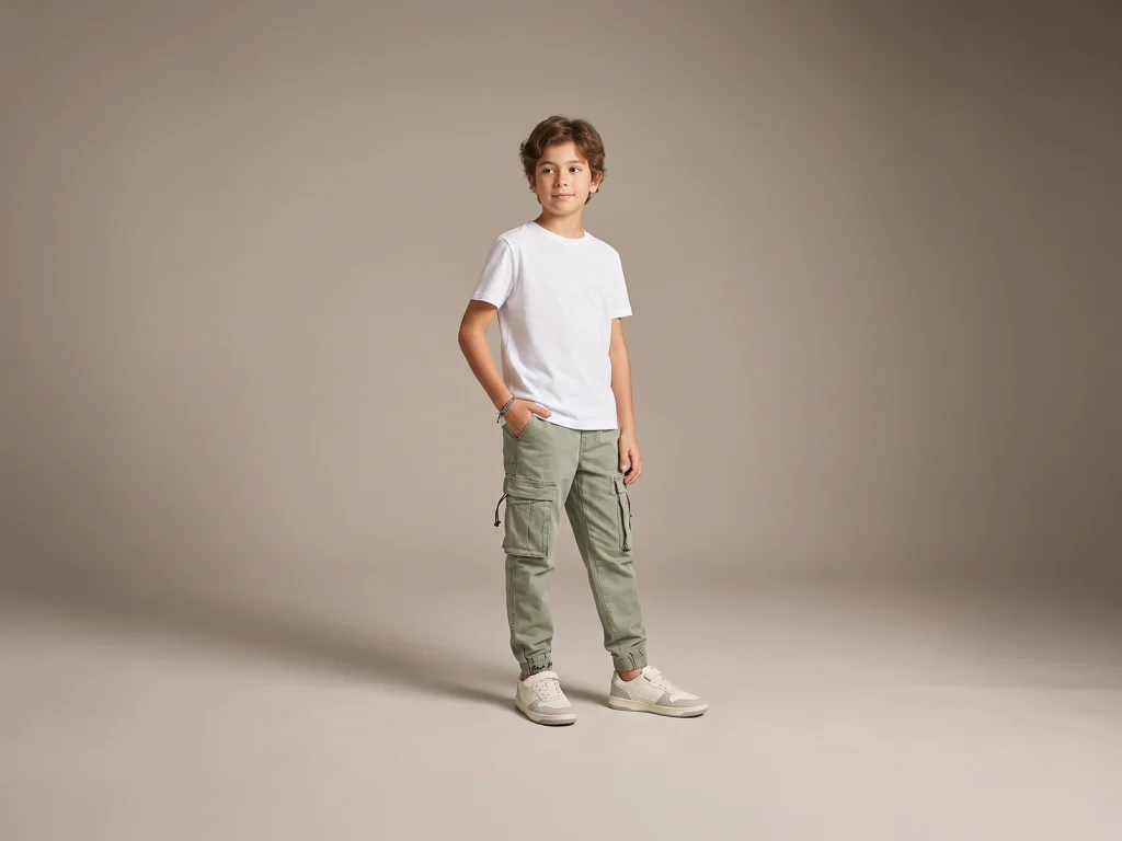 Kids’ Army-Green Drawstring Cargo Joggers — fit and fabric detail, style 2D009