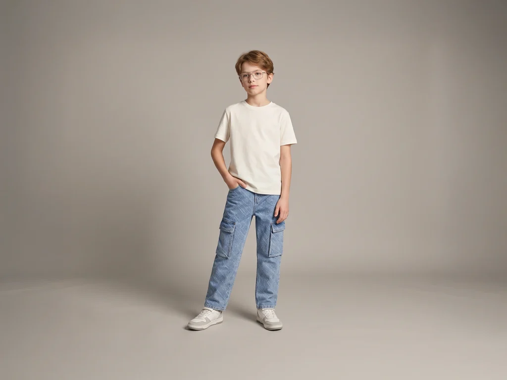 Kids’ Snow-Wash Cargo Straight-Leg Jeans — fit and fabric detail, style 2E001