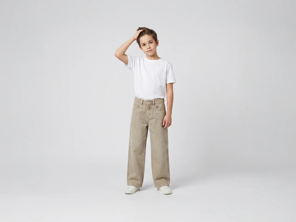 Kids’ Beige-Wash Straight-Leg Jeans — fit and fabric detail, style 2E007