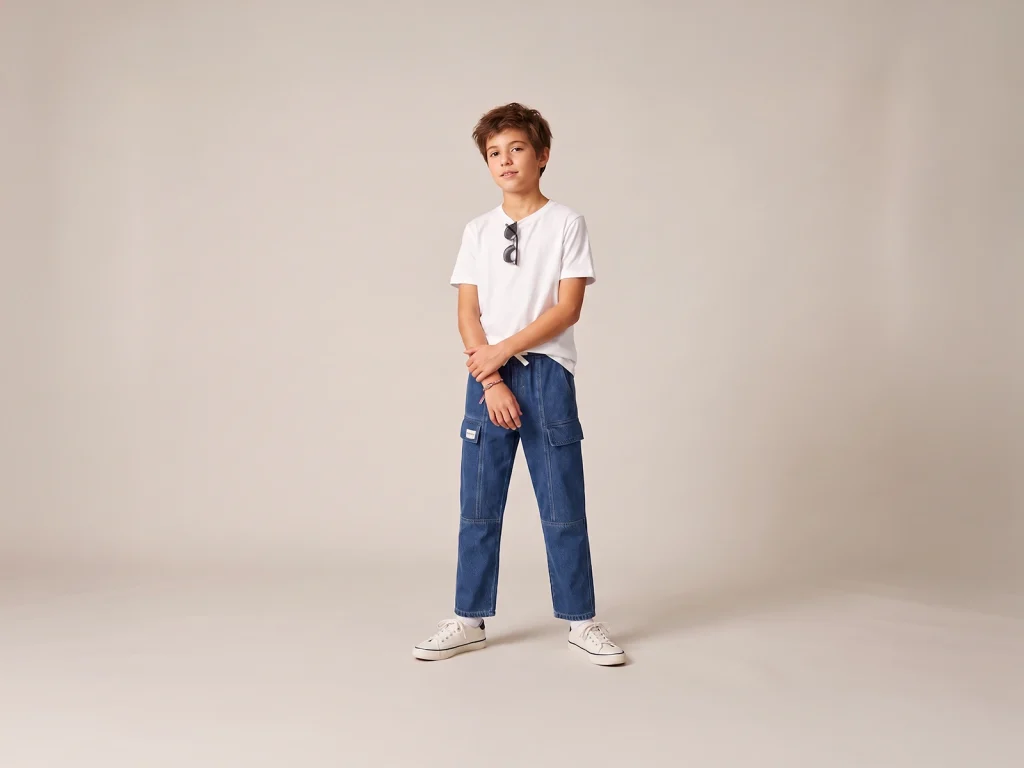 Kids’ Dark-Wash Denim Cargo Pants — fit and fabric detail, style 2E010