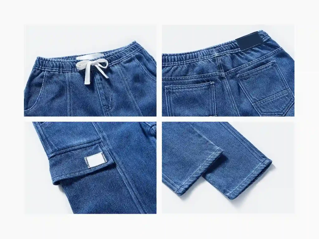 Kids’ Dark-Wash Denim Cargo Pants — wash and construction detail, style 2E010
