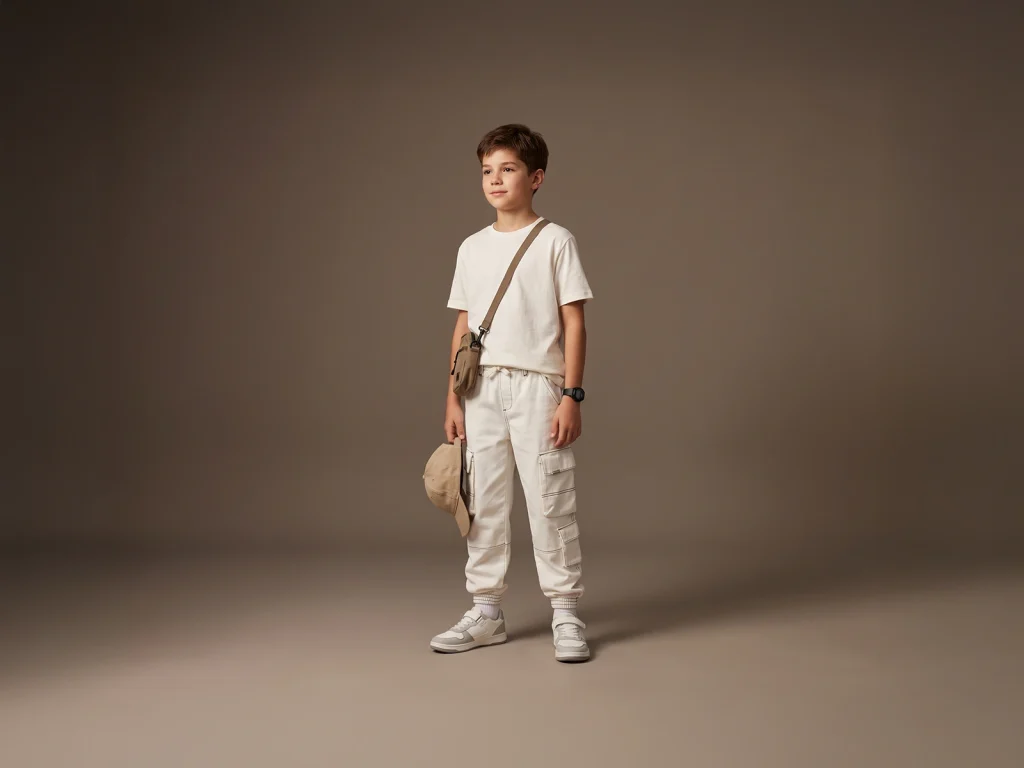 Kids’ White Contrast-Stitch Denim Cargo Joggers — fit and fabric detail, style 2E019