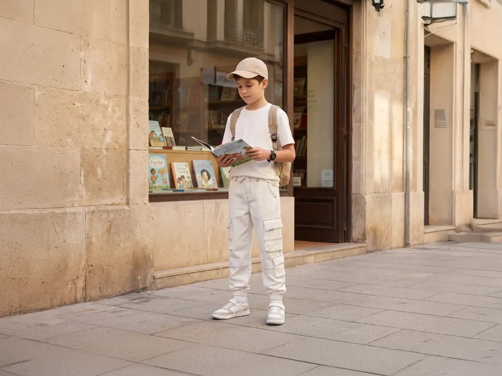 Kids’ White Contrast-Stitch Denim Cargo Joggers — target market detail, style 2E019