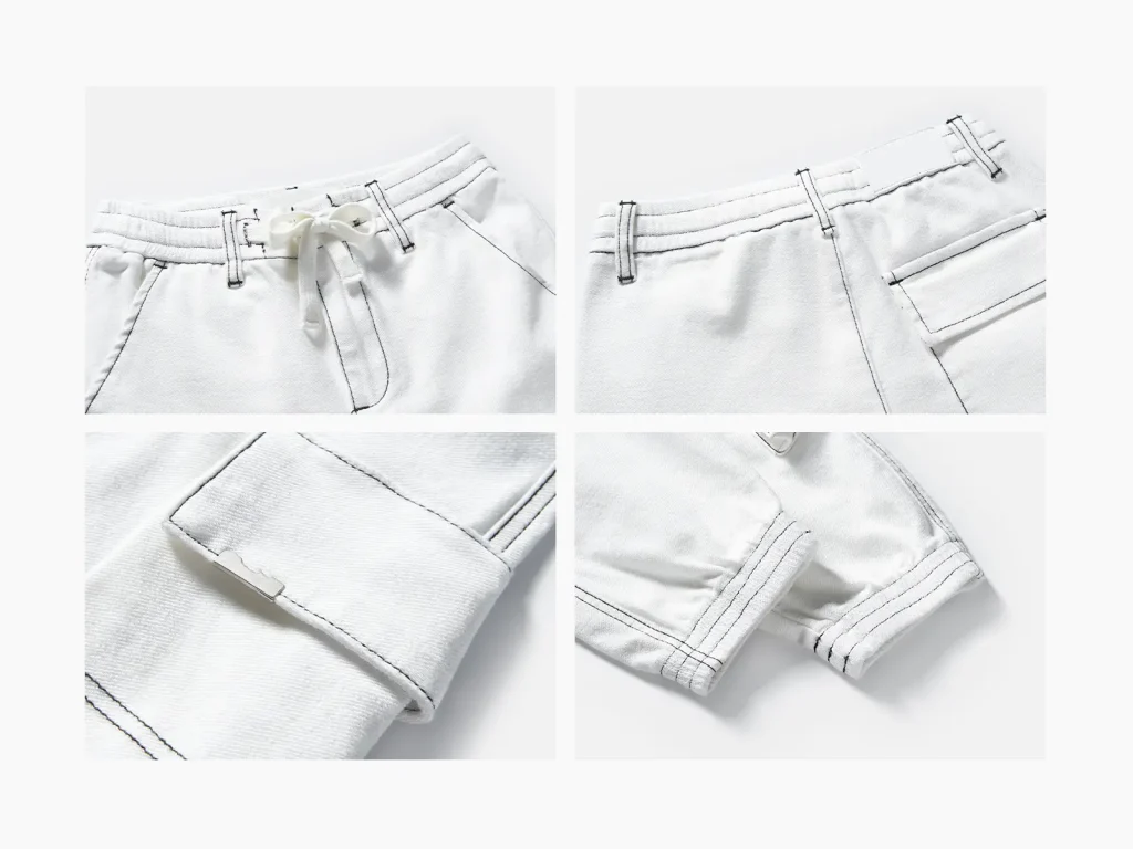 Kids’ White Contrast-Stitch Denim Cargo Joggers — wash and construction detail, style 2E019
