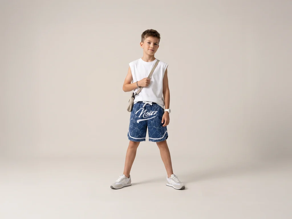 Kids’ Snow-Wash Graphic-Print Denim Shorts — fit and fabric detail, style 2E300