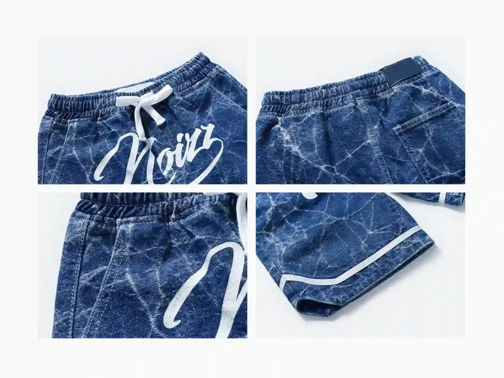 Kids’ Snow-Wash Graphic-Print Denim Shorts — wash and construction detail, style 2E300
