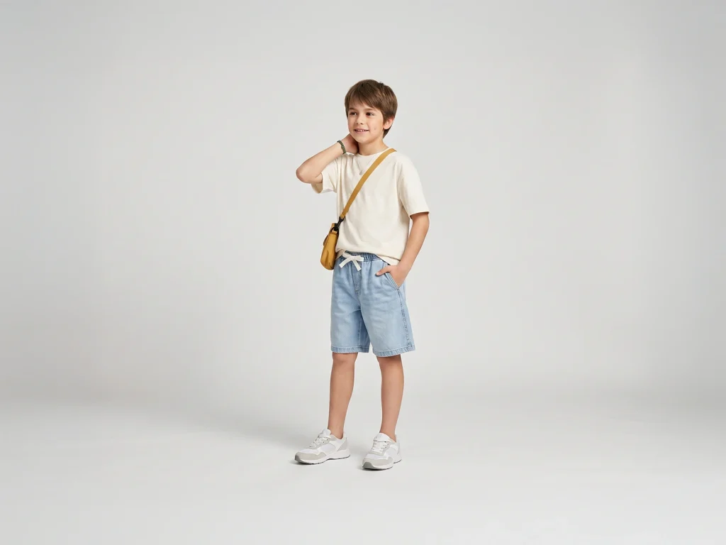 Kids’ Light-Wash Pull-On Denim Bermuda Shorts — fit and fabric detail, style 2E310