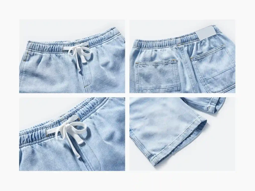 Kids’ Light-Wash Pull-On Denim Bermuda Shorts — wash and construction detail, style 2E310