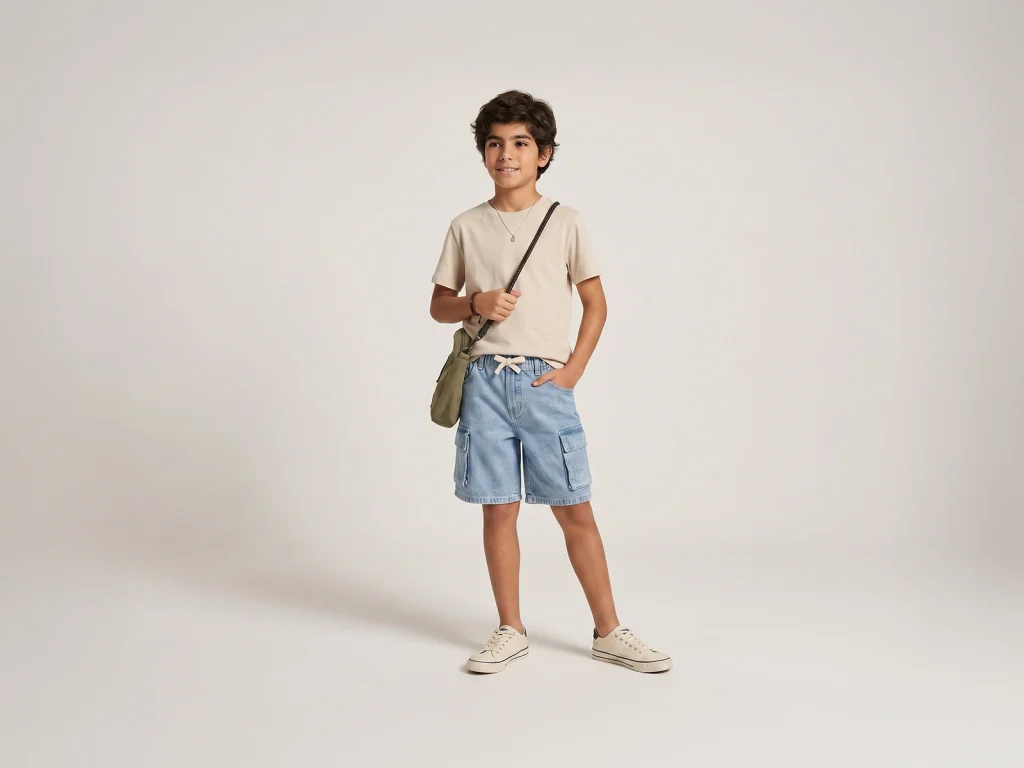 Kids’ Light-Wash Denim Cargo Bermuda Shorts — fit and fabric detail, style 2E311