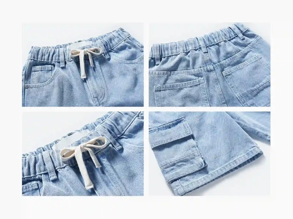 Kids’ Light-Wash Denim Cargo Bermuda Shorts — wash and construction detail, style 2E311