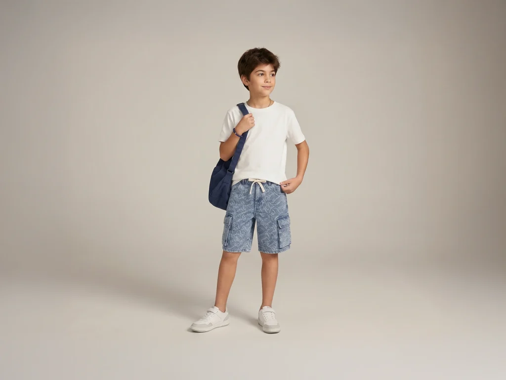 Kids’ Letter-Jacquard Denim Cargo Bermuda Shorts — fit and fabric detail, style 2E312