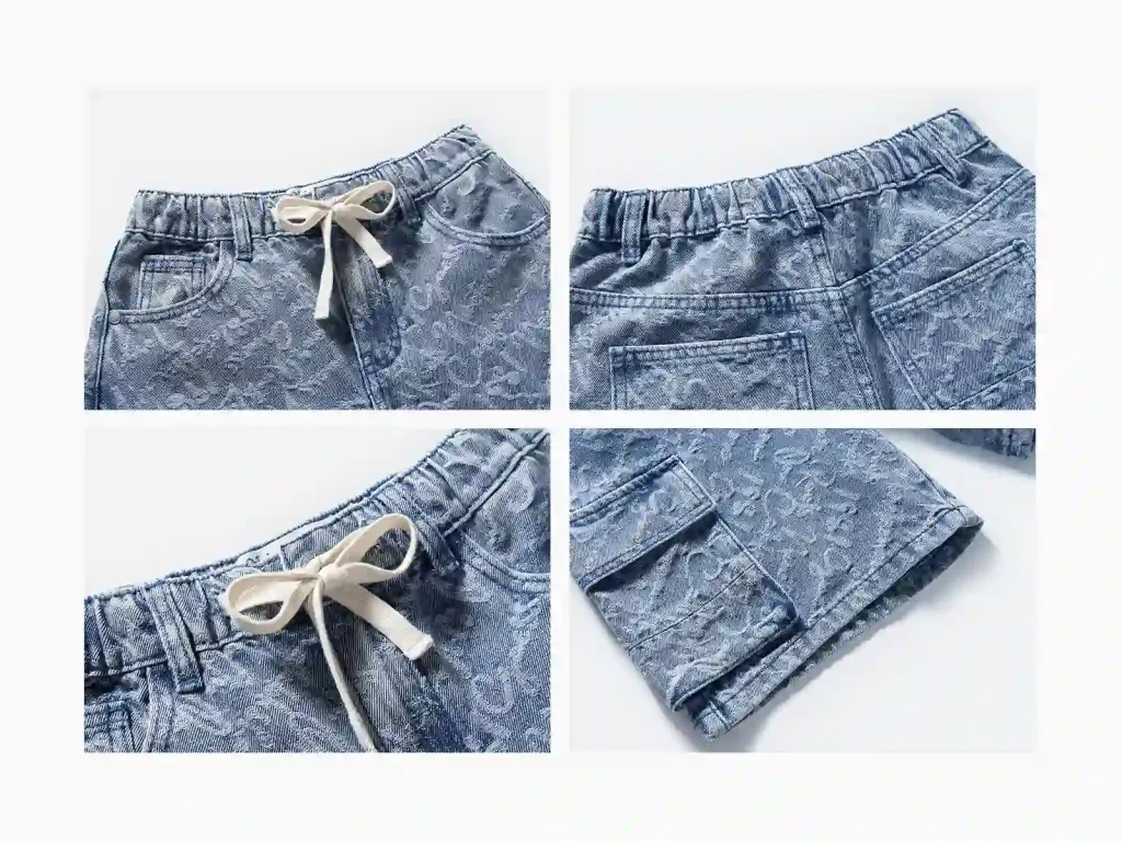 Kids’ Letter-Jacquard Denim Cargo Bermuda Shorts — wash and construction detail, style 2E312