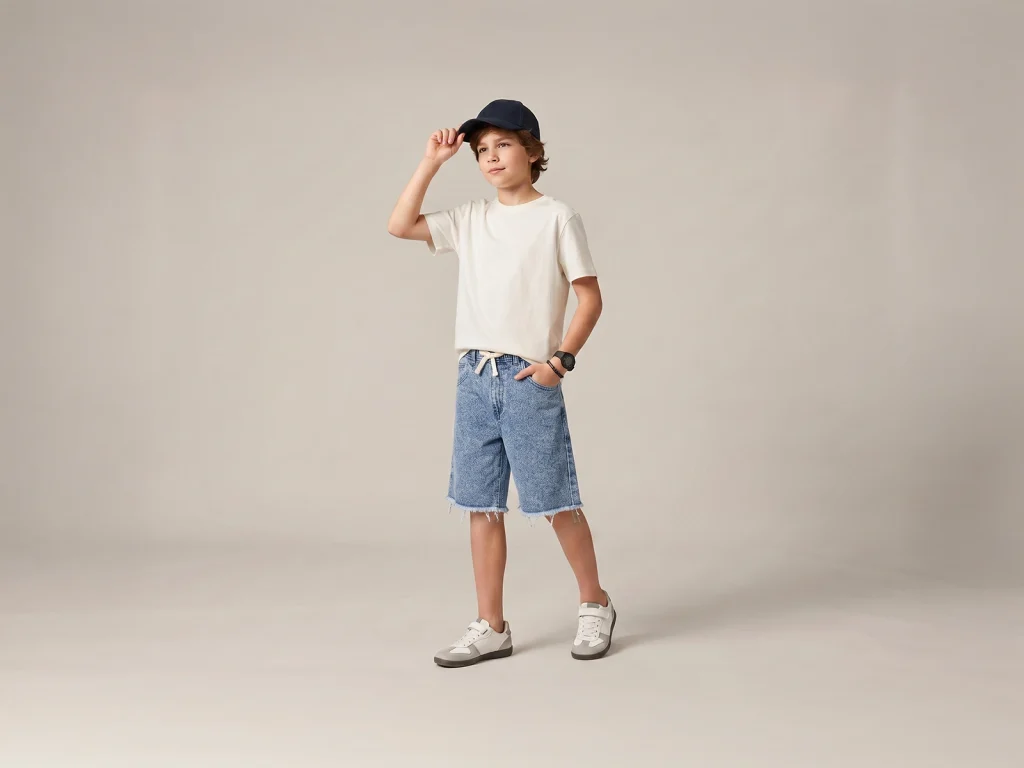 Kids’ Stone-Wash Raw-Hem Denim Bermuda Shorts — fit and fabric detail, style 2E325