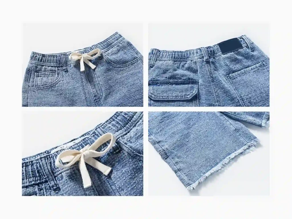 Kids’ Stone-Wash Raw-Hem Denim Bermuda Shorts — wash and construction detail, style 2E325