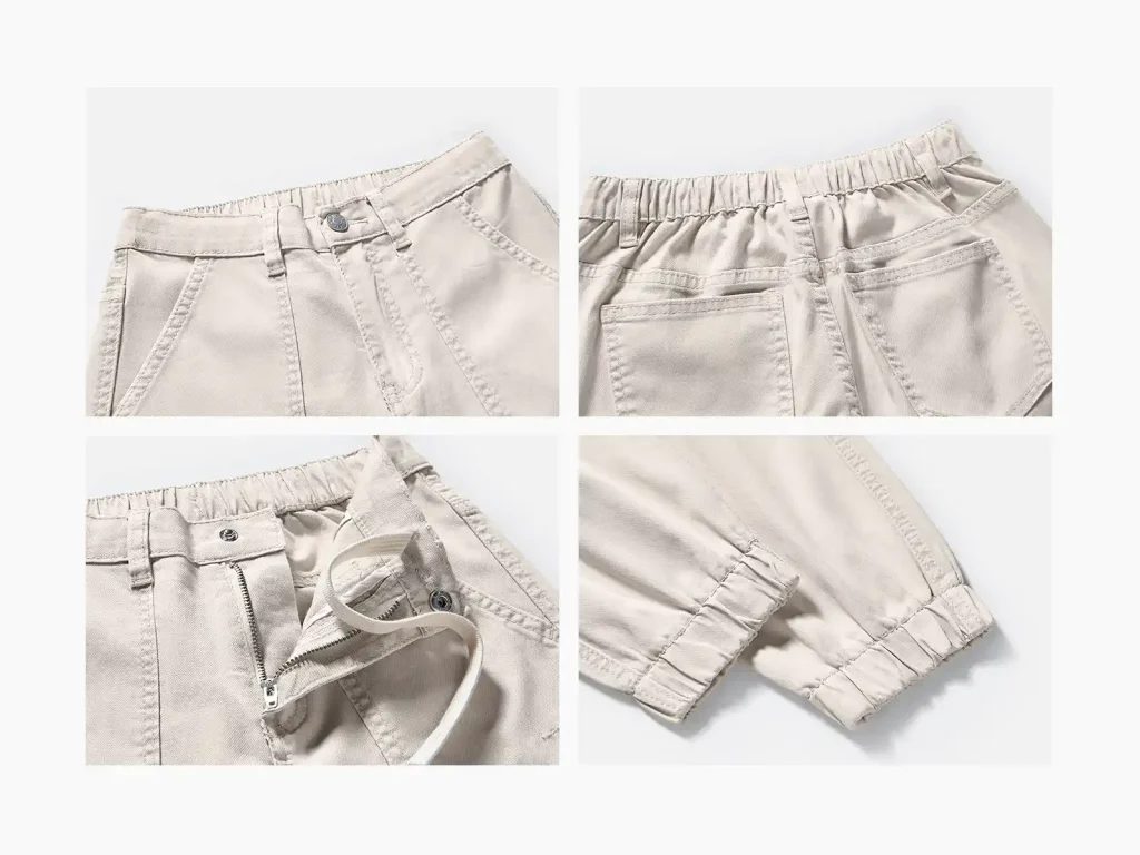 Kids’ Beige Stretch-Denim Cargo Joggers — wash and construction detail, style 2E807