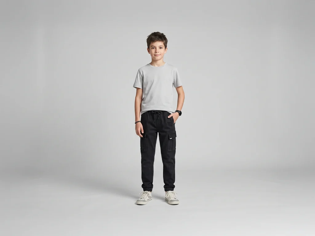 Kids’ Black Stretch-Denim Cargo Joggers — fit and fabric detail, style 2E813
