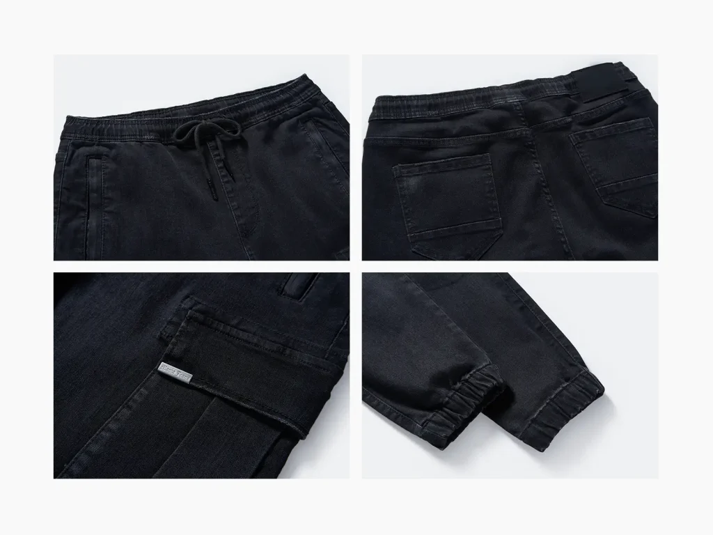 Kids’ Black Stretch-Denim Cargo Joggers — wash and construction detail, style 2E813
