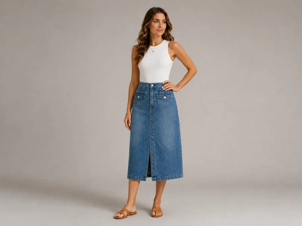 Women’s Vintage-Wash Front-Slit Denim Midi Skirt fit and fabric detail, style 5152242