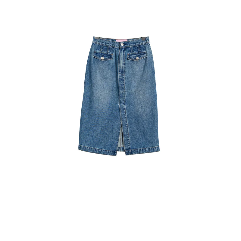 Women’s Vintage-Wash Front-Slit Denim Midi Skirt product view 1, style 5152242