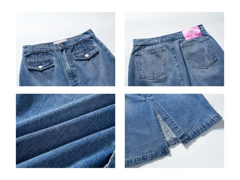 Women’s Vintage-Wash Front-Slit Denim Midi Skirt wash and construction detail, style 5152242