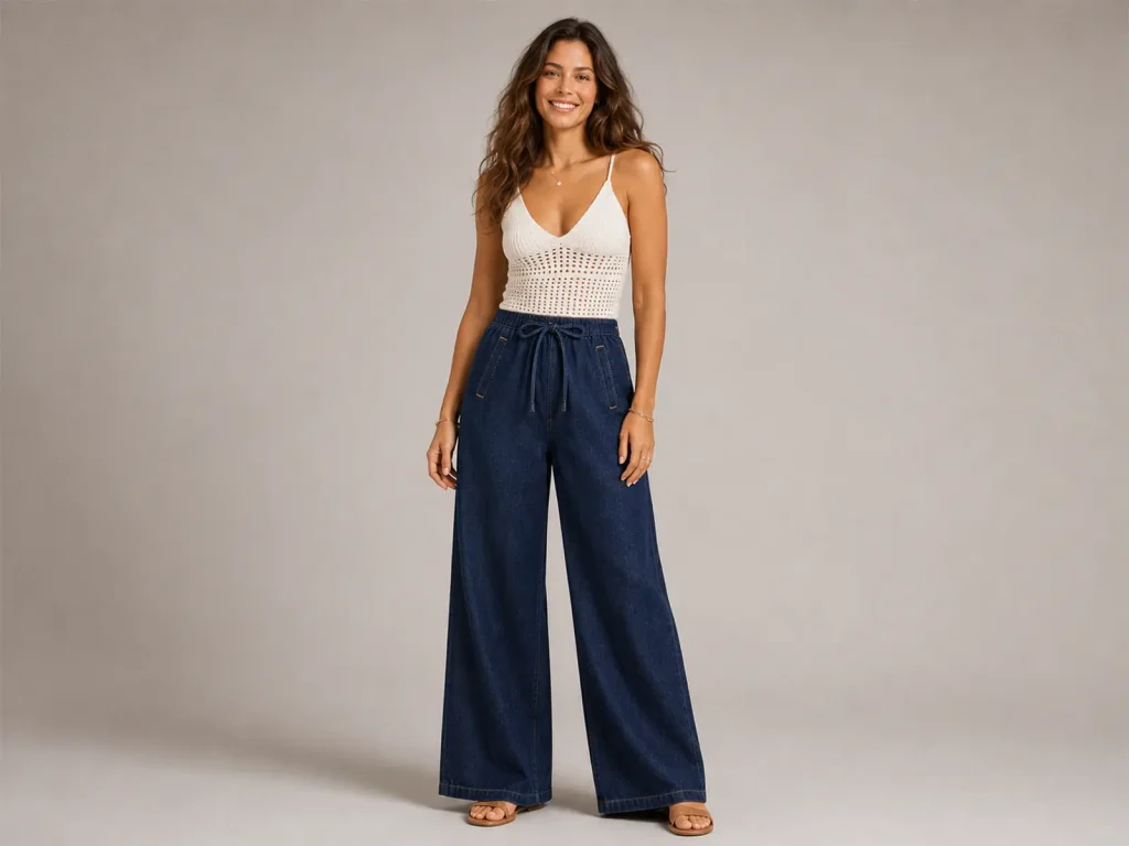 Dark Indigo Drawstring Wide-Leg Jeans fit and fabric detail, style 57065