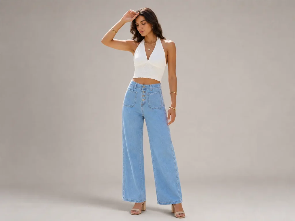 Light Wash Button-Fly Wide-Leg Jeans fit and fabric detail, style 58002