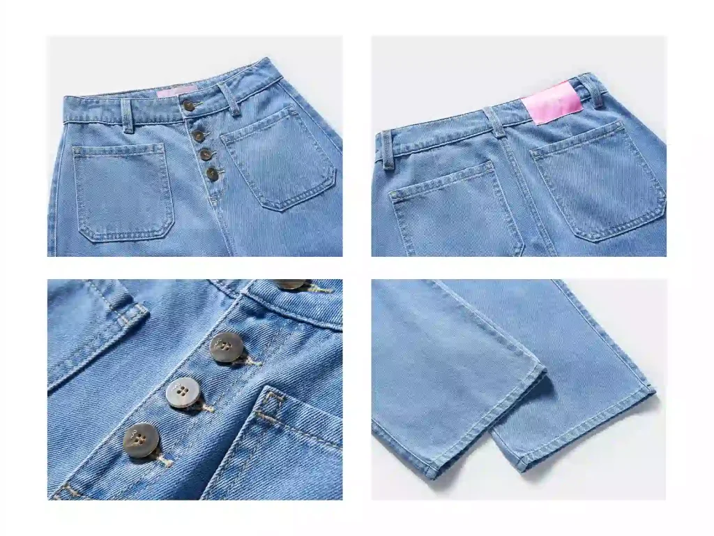 Light Wash Button-Fly Wide-Leg Jeans wash and construction detail, style 58002