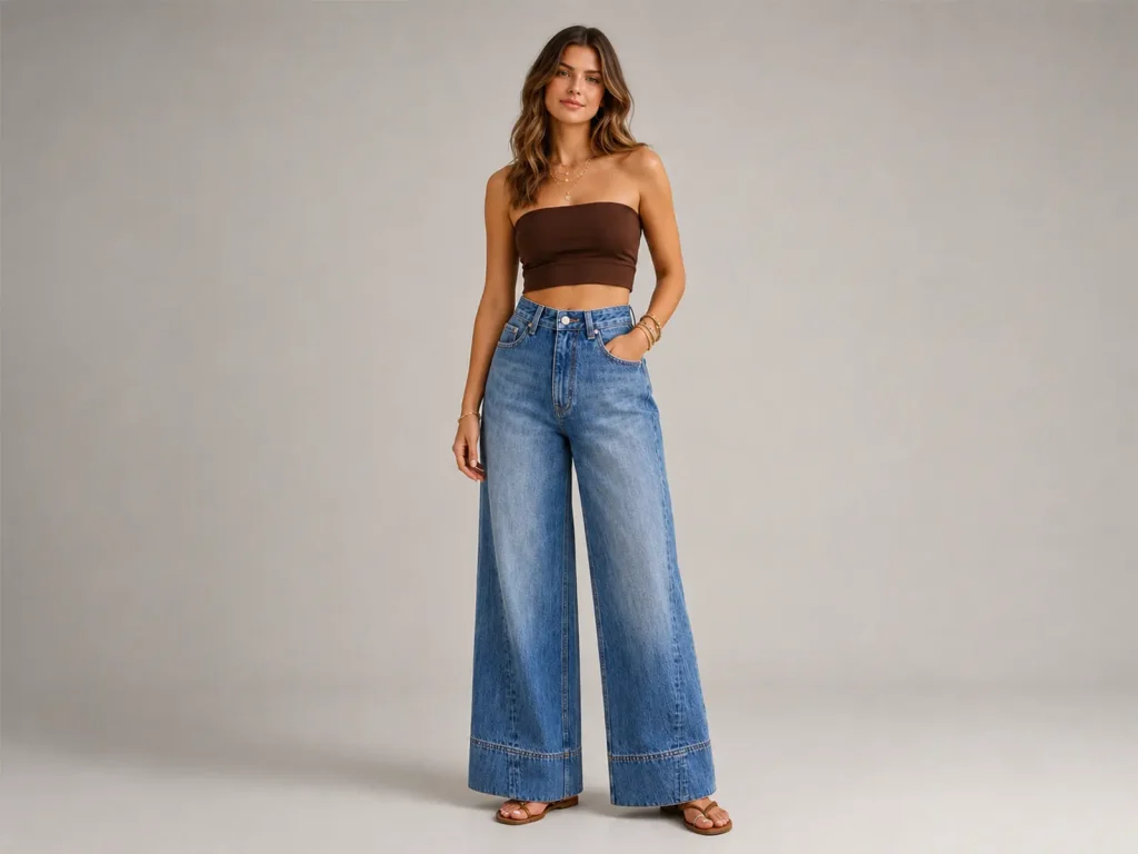 Vintage Wash Cuffed Cropped Wide-Leg Jeans fit and fabric detail, style 58006