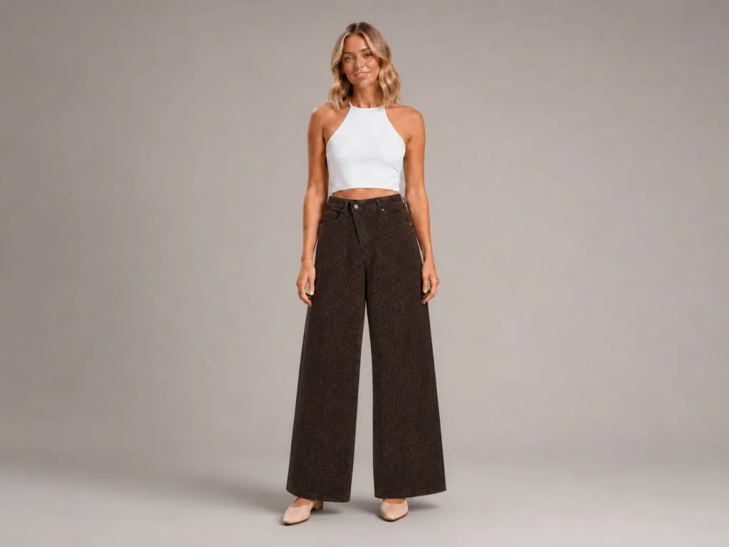 Brown Leopard-Print Cropped Wide-Leg Jeans fit and fabric detail, style 58009-36