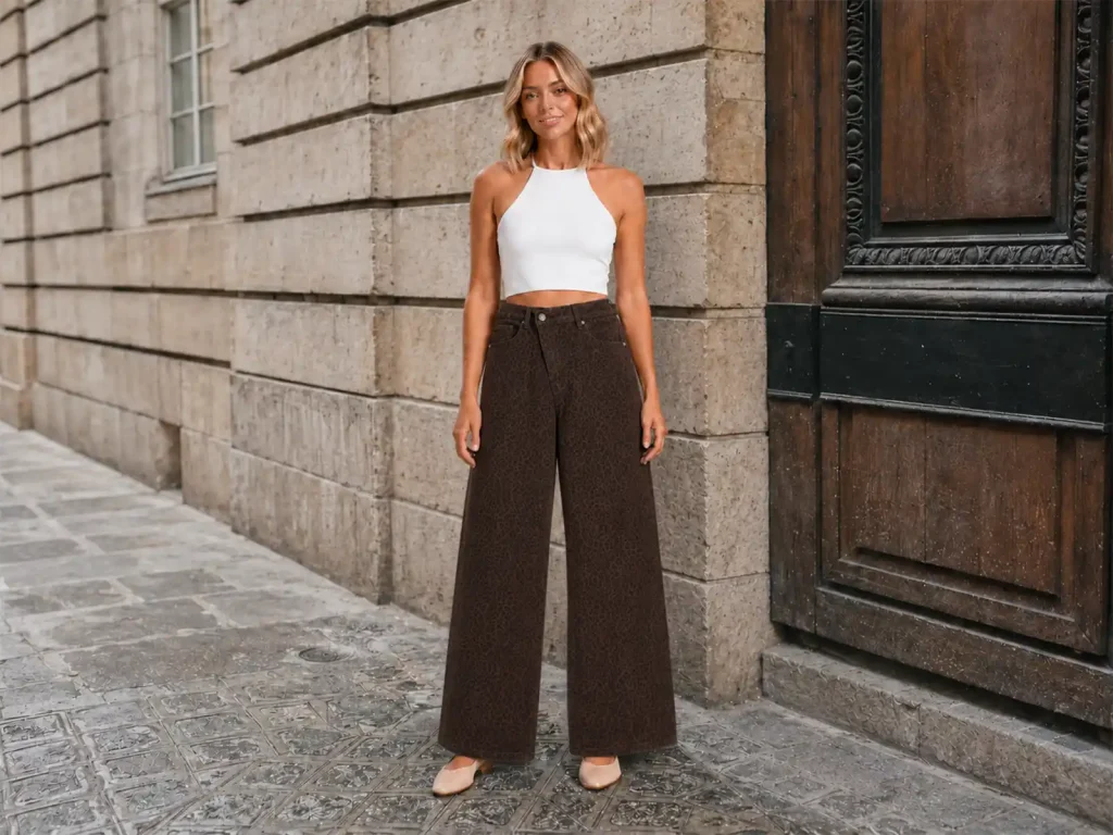 Brown Leopard-Print Cropped Wide-Leg Jeans target market detail, style 58009-36