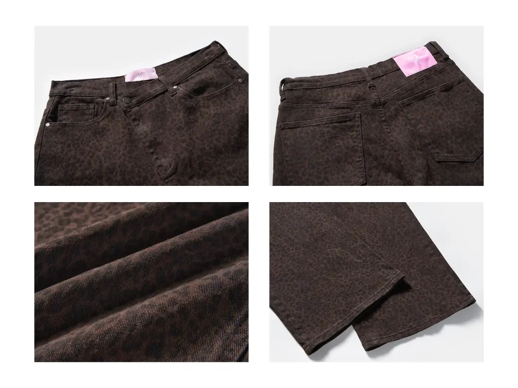Brown Leopard-Print Cropped Wide-Leg Jeans wash and construction detail, style 58009-36