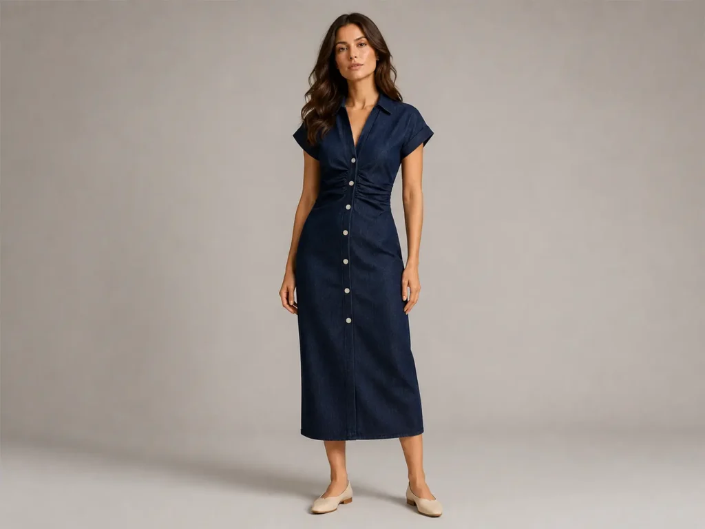 Women’s Dark-Wash Ruched-Waist Denim Midi Dress fit and fabric detail, style 58015