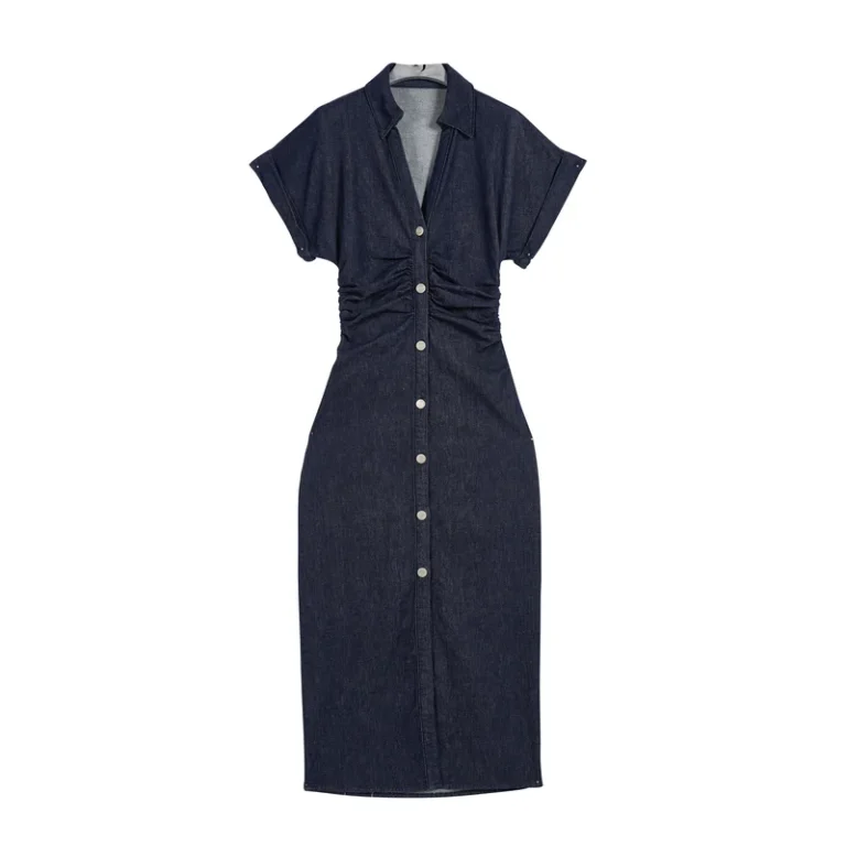 Women’s Dark-Wash Ruched-Waist Denim Midi Dress product view 1, style 58015