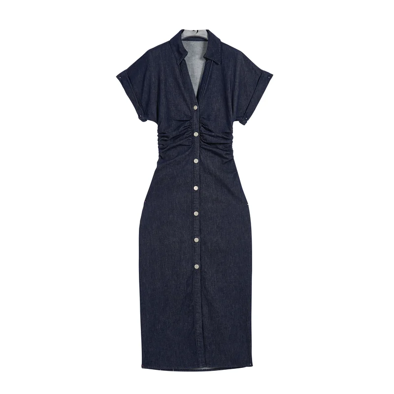 Women’s Dark-Wash Ruched-Waist Denim Midi Dress product view 1, style 58015