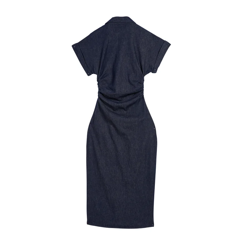 Women’s Dark-Wash Ruched-Waist Denim Midi Dress product view 2, style 58015