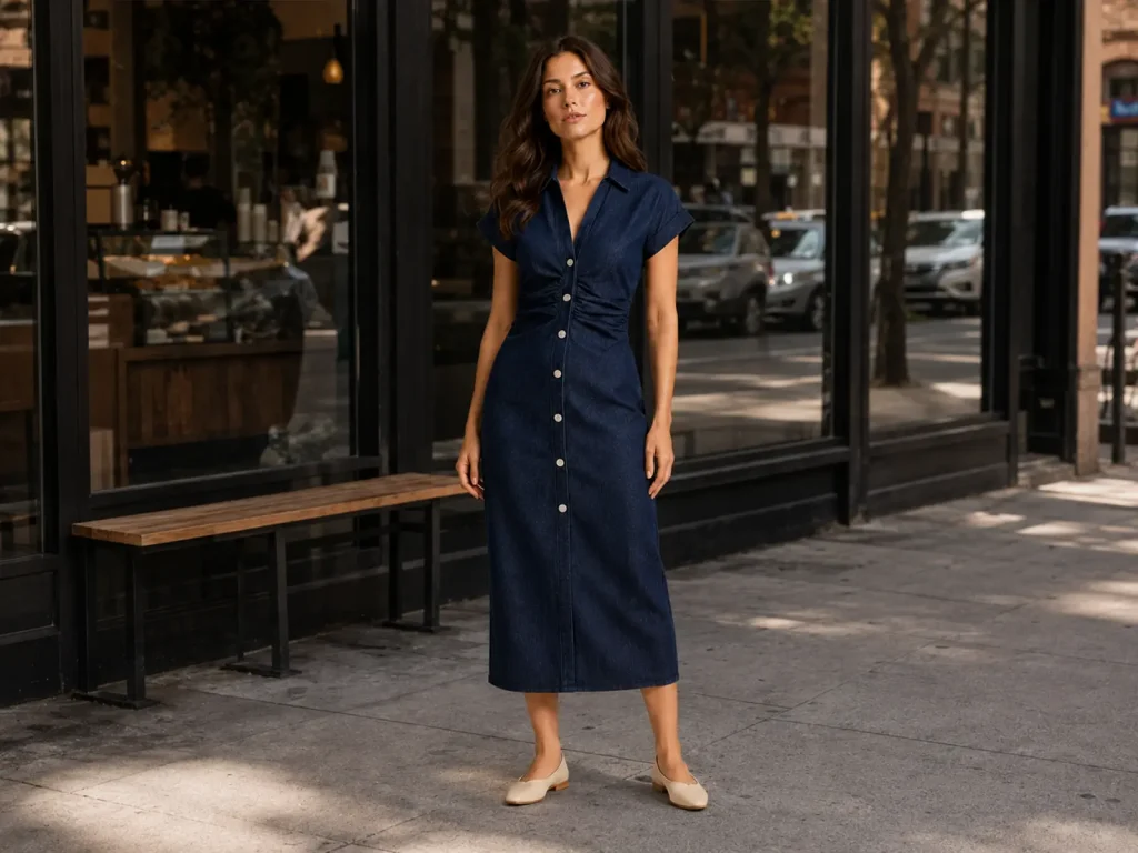 Women’s Dark-Wash Ruched-Waist Denim Midi Dress target market detail, style 58015