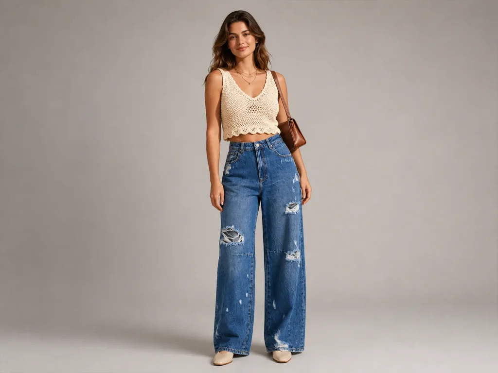 Women’s Dark-Wash Ripped Cropped Wide-Leg Jeans fit and fabric detail, style 58017