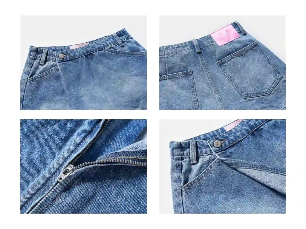 Women’s Vintage-Wash Wrap-Front Denim Skort wash and construction detail, style 58021