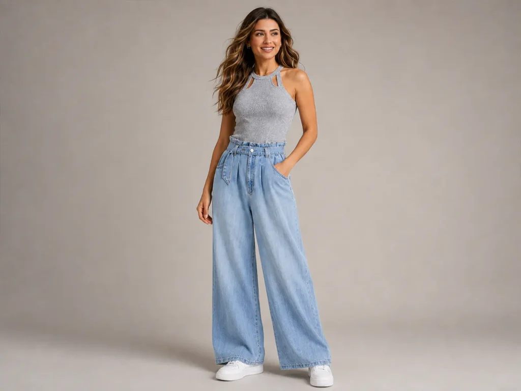 Women’s Light-Wash Belted Wide-Leg Jeans fit and fabric detail, style 58023-34