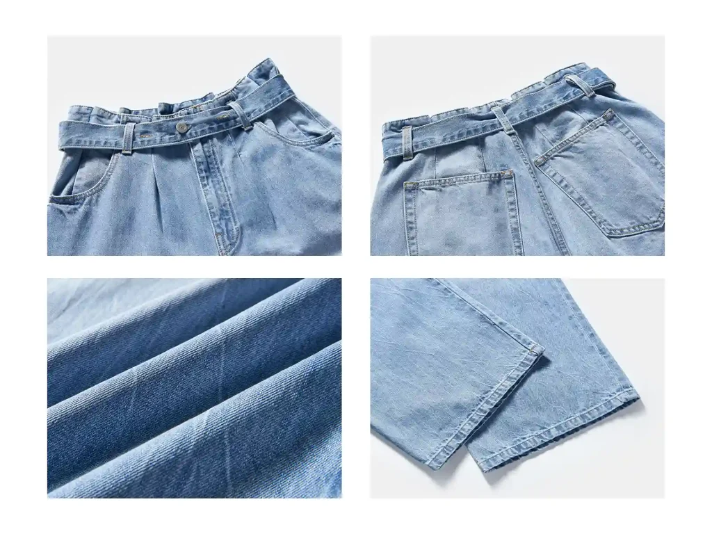 Women’s Light-Wash Belted Wide-Leg Jeans wash and construction detail, style 58023-34