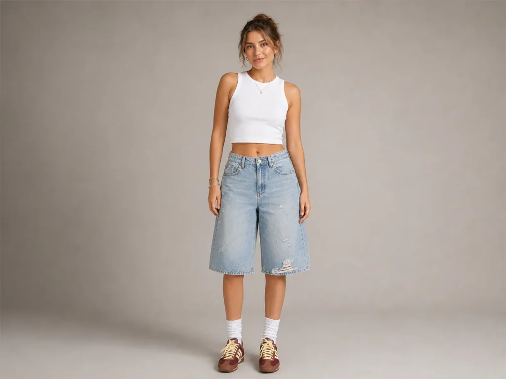 Women’s Light-Wash Ripped Denim Culottes fit and fabric detail, style 58032