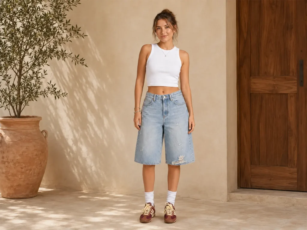 Women’s Light-Wash Ripped Denim Culottes target market detail, style 58032